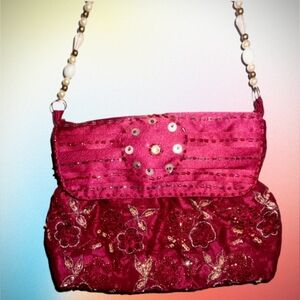 World Finds Beaded Red Satin Handbag Handmade